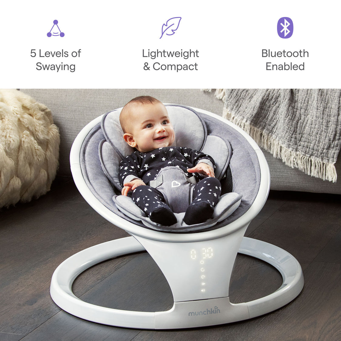 Bluetooth Enabled Lightweight Baby Swing with Natural Sway in 5 Speeds and Remote Control